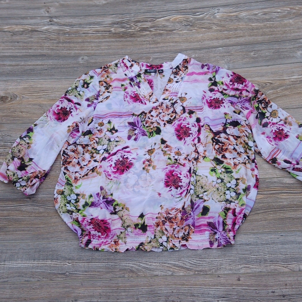 Flower Print Pattern Sheer Lightweight Blouse Top - image 1
